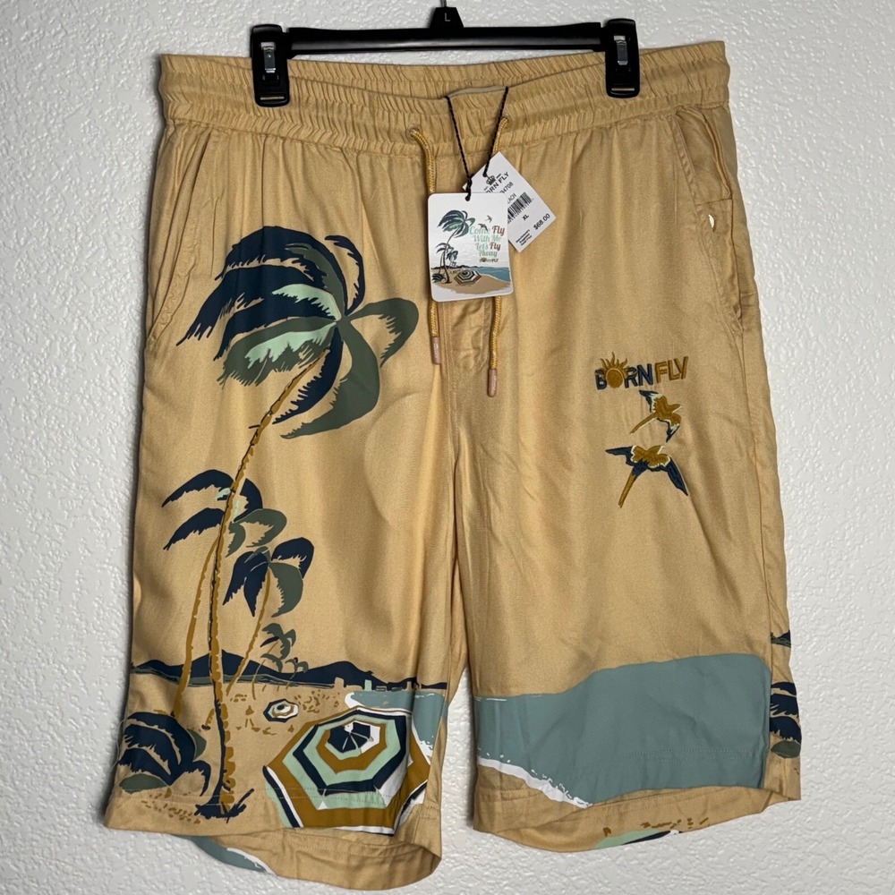 Born Fly Beach Print Shorts Drawstring Waist Casual Summer Swimming Mens XL